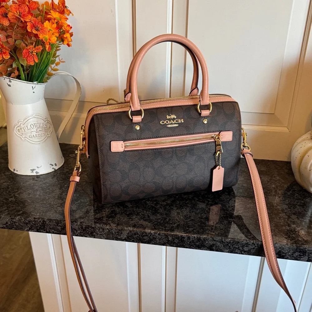Coach Brown Signature Barrel Satchel with Pink Trim